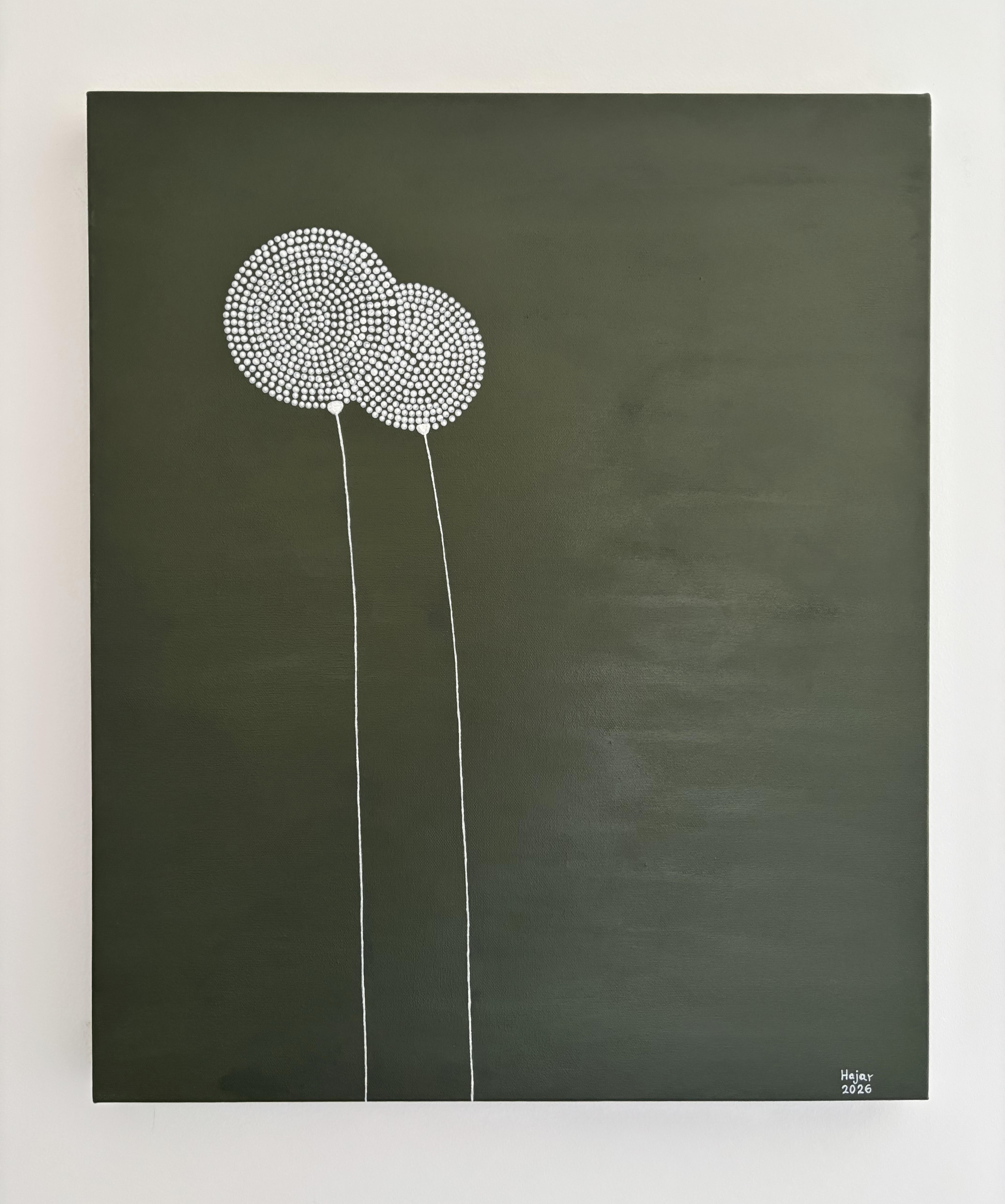 Unspoken Connection - two delicate forms on deep olive green